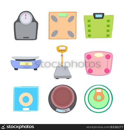 weigh scales set cartoon. scale balance, justice symbol, law legal, diet comparison weigh scales sign. isolated symbol vector illustration. weigh scales set cartoon vector illustration