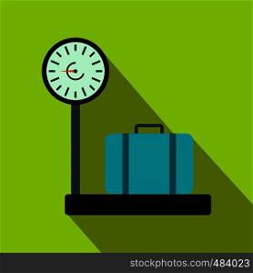 Weighing luggage flat icon on a green background. Weighing luggage flat icon