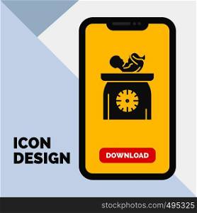 weight, baby, New born, scales, kid Glyph Icon in Mobile for Download Page. Yellow Background. Vector EPS10 Abstract Template background