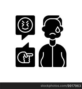 Weight-based cyberbullying black glyph icon. Bodyshaming online. Offensive comment to overweight person. Upset victim of cyberharassment. Silhouette symbol on white space. Vector isolated illustration. Weight-based cyberbullying black glyph icon