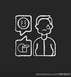 Weight-based cyberbullying chalk white icon on black background. Bodyshaming online. Offensive comments to overweight person. Upset victim of cyberharassment. Isolated vector chalkboard illustration. Weight-based cyberbullying chalk white icon on black background