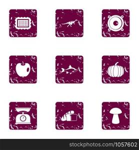 Weight control icons set. Grunge set of 9 weight control vector icons for web isolated on white background. Weight control icons set, grunge style