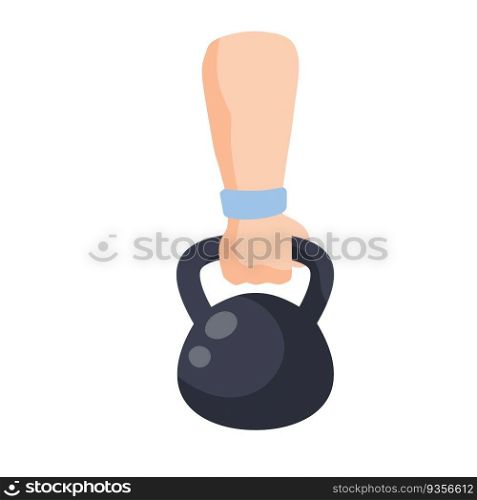 Weight. Hand holding black dumbbell. Equipment for sports and bodybuilding. Athlete with Kettlebell for Strength exercises. Flat cartoon illustration. Weight. Hand holding black dumbbell.