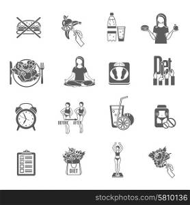 Weight loose diet black icons set. Healthy weight loss and maintenance diet program for women in black pictograms collection abstract isolated vector illustration
