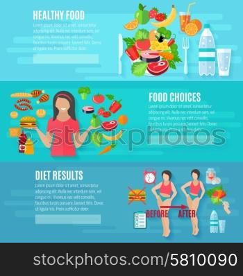 Weight loose diet flat banners set. Healthy food choice weight loss diet before and after result flat banners set abstract isolated vector illustration