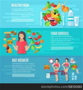 Weight loose diet flat banners set. Healthy food choice weight loss diet before and after result flat banners set abstract isolated vector illustration