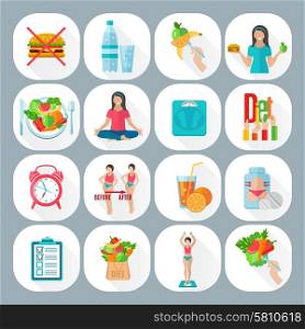 Weight loose diet flat icons set. Healthy life style low fat vegetarian diet plan with meditation flat icons set abstract isolated vector illustration