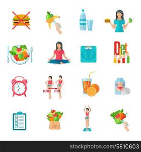 Weight loose diet flat icons set. Weight loss healthy diet plan flat icons set with natural food and scales abstract isolated vector illustration