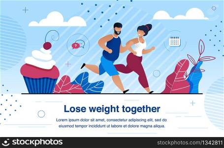 Weight Lose and Family Healthy and Active Lifestyle Trendy Flat Vector Banner, Poster Template with Happy African-American Couple, Wife and Husband Dieting, Jogging Outdoors Together Illustration