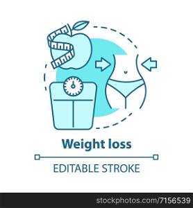 Weight loss concept icon. Dieting idea thin line illustration. Healthy lifestyle, healthcare, fitness. Sport, dietary nutrition, diet food. Vector isolated outline drawing. Editable stroke