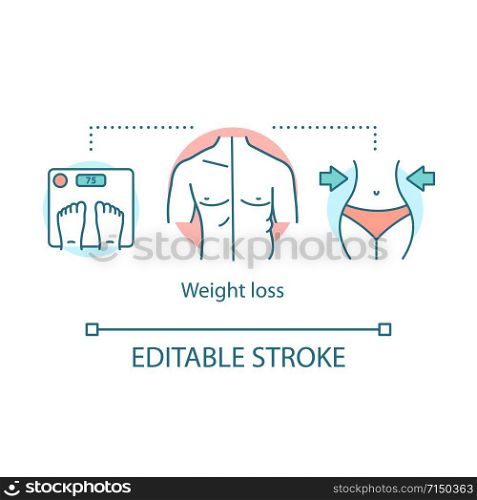 Weight loss concept icon. Dieting idea thin line illustration. Healthy lifestyle, healthcare, fitness. Dietary nutrition. Slim body, scales. Vector isolated outline drawing. Editable stroke