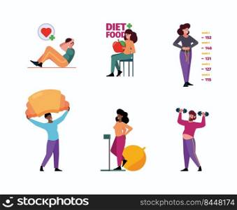 Weight loss. Concept scenes with characters fat woman eating healthy food and making sport exercises running jumping garish vector colored pictures. Illustration of character overweight do fitness. Weight loss. Concept scenes with characters fat woman eating healthy food and making sport exercises running jumping garish vector colored pictures