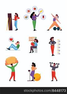Weight loss concept. Sport exercises for woman fitness industry for healthy lifestyle nutrition for lost weight garish vector colored illustrations set. Weight loss, exercise sport for body health. Weight loss concept. Sport exercises for woman fitness industry for healthy lifestyle nutrition for lost weight garish vector colored illustrations set