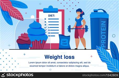 Weight Loss Diet and Healthy Lifestyle Activities Trendy Flat Vector Banner, Poster Template. Obese Woman Doing Physical Exercises with Barbell, Eating Healthy Food and Sports Nutrition Illustration