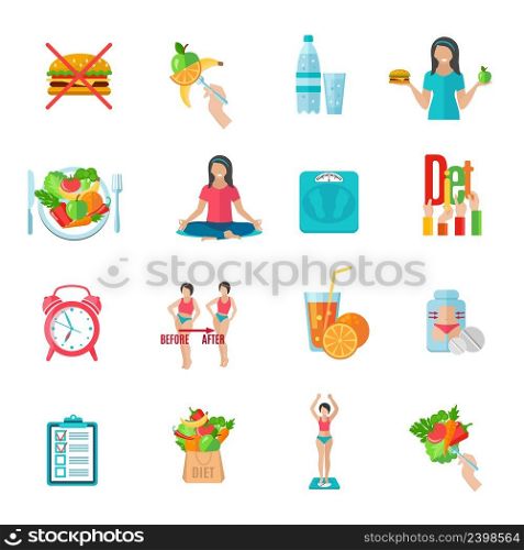 Weight loss healthy diet plan flat icons set with natural food and scales abstract  isolated vector illustration. Weight loose diet flat icons set