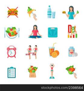 Weight loss healthy diet plan flat icons set with natural food and scales abstract  isolated vector illustration. Weight loose diet flat icons set