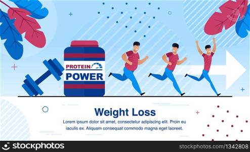 Weight Loss, Healthy Lifestyle Trendy Flat Vector Banner, Poster Template, Obese African-American Man Jogging, Running, Doing Exercises, Eating Sports Nutrition, Progressing on Trainings Illustration