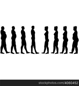 weight loss men and women, slimming silhouettes of men and women in vector on white. weight loss men and women