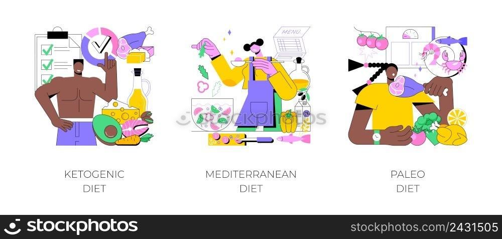 Weight loss nutrition plan abstract concept vector illustration set. Ketogenic, mediterranean and paleo diet, healthy lifestyle, organic food, fresh vegetable, low carb food abstract metaphor.. Weight loss nutrition plan abstract concept vector illustrations.