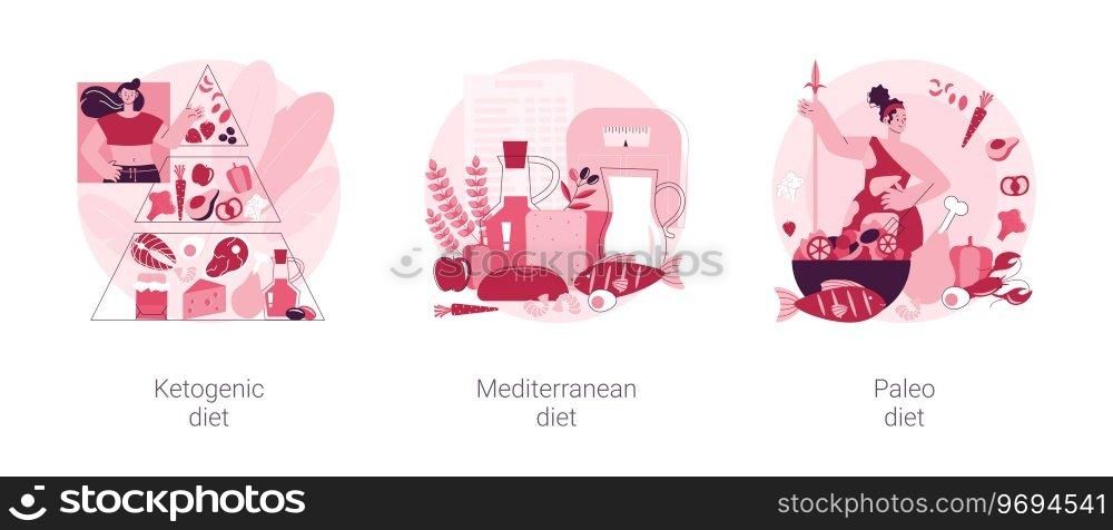 Weight loss nutrition plan abstract concept vector illustration set. Ketogenic, mediterranean and paleo diet, healthy lifestyle, organic food, fresh vegetable, low carb food abstract metaphor.. Weight loss nutrition plan abstract concept vector illustrations.
