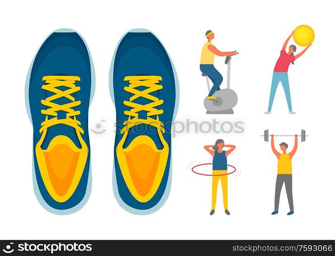 Weight loss of people isolated icons set. Sneakers and sporty man and woman, ball and dumbbell, boy on exercise bike, girl turning hoop, sport vector. Sporty People Exercising, Sneakers Isolated Vector