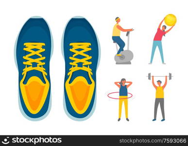 Weight loss of people isolated icons set. Sneakers and sporty man and woman, ball and dumbbell, boy on exercise bike, girl turning hoop, sport vector. Sporty People Exercising, Sneakers Isolated Vector