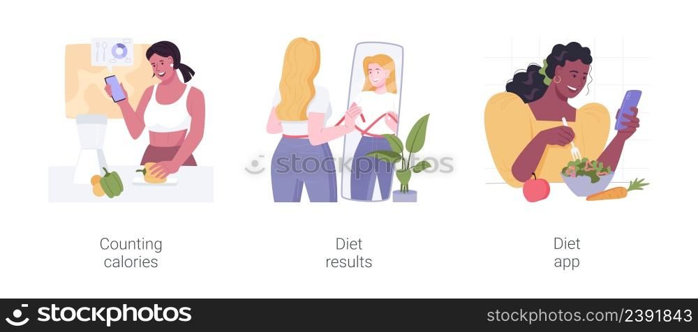 Weight loss program isolated cartoon vector illustration set. Girl counting calories with smartphone app, meal plan, women measure waist, looking at mirror, happy with diet result vector cartoon.. Weight loss program isolated cartoon vector illustrations set.