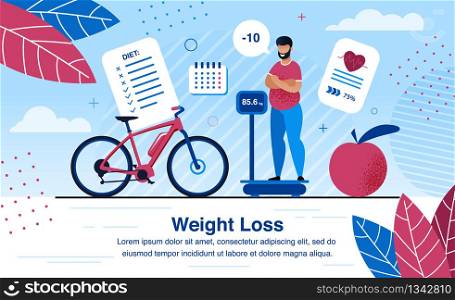 Weight Loss Strategy Planning, Healthy Life Activities Trendy Flat Vector Banner, Poster Template. Obese African-American Man Standing on Scales, Analyzing Weight Loss After Diet, Sports Illustration
