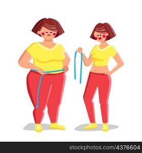 Weight Loss Young Woman Before And After Vector. Girl Weight Loss And Change Figure From Overweight To Slim With Diet Or Sport Activity. Character Achievement Flat Cartoon Illustration. Weight Loss Young Woman Before And After Vector