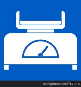 Weight scale icon white isolated on blue background vector illustration. Weight scale icon white