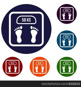 Weight scale icons set in flat circle reb, blue and green color for web. Weight scale icons set