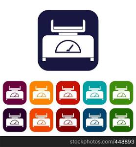 Weight scale icons set vector illustration in flat style In colors red, blue, green and other. Weight scale icons set flat