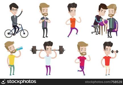 Weightlifter lifting a heavy weight dumbbell. Caucasian weightlifter doing exercise with dumbbell. Weightlifter holding dumbbell. Set of vector flat design illustrations isolated on white background.. Vector set of sport characters.