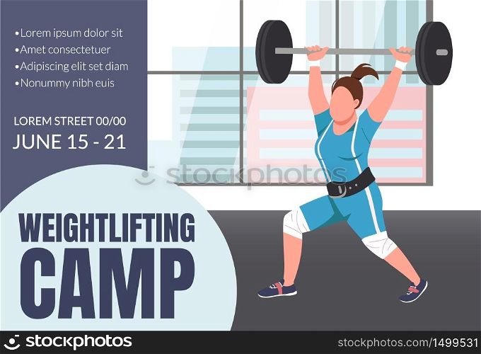 Weightlifting camp banner flat vector template. Bodybuilding, workout brochure, poster concept design with cartoon characters. Powerlifting competition horizontal flyer, leaflet with place for text. Weightlifting camp banner flat vector template