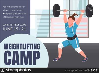 Weightlifting camp banner flat vector template. Bodybuilding, workout brochure, poster concept design with cartoon characters. Powerlifting competition horizontal flyer, leaflet with place for text. Weightlifting camp banner flat vector template