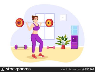 Weightlifting Sport Illustration with Athlete Lifts a Heavy Barbell, Gym Equipment and Bodybuilder Training in Flat Cartoon Hand Drawn Templates