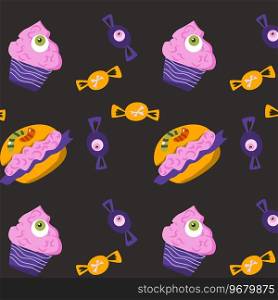weird food for zombie of halloween holiday pattern. Vector illustration on black background. Usable for halloween menu invitation, decorative wallpapers and greeting wrapping for gift. . weird food for zombie of halloween holiday pattern