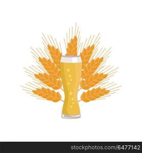 Weizen Glass of Beer Isolated on White Background. Weizen glass of beer on background of ears of wheat vector illustration. Glassware of light alcohol drink with bubbles, symbol of Oktoberfest festival