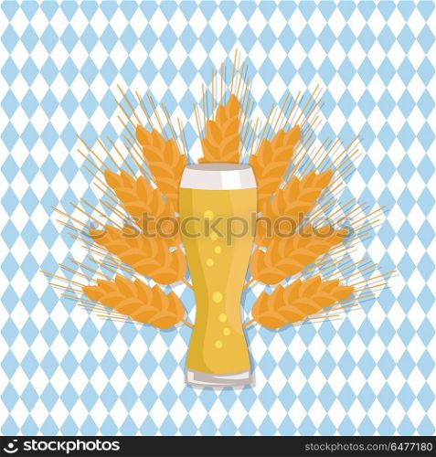 Weizen Glass of Beer Isolated on White Background. Weizen glass of beer vector illustration on checkered backdrop with ears of wheat. Glassware of light alcohol drink with bubbles, symbol of Oktoberfest
