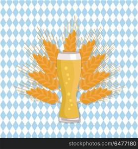 Weizen Glass of Beer Isolated on White Background. Weizen glass of beer vector illustration on checkered backdrop with ears of wheat. Glassware of light alcohol drink with bubbles, symbol of Oktoberfest