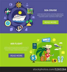 Welcome Aboard Banners Set. Vacation travel flat horizontal banners with sea liner and air flight images with read more button vector illustration