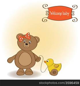 welcome baby card with girl teddy bear and her duck