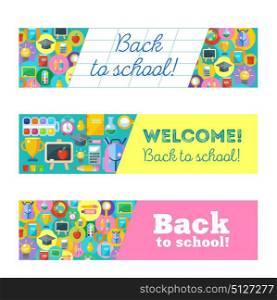 Welcome back to school! A set of school supplies. Round icons.