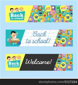 Welcome back to school! A set of school supplies. Round icons. Cheerful schoolchildren.