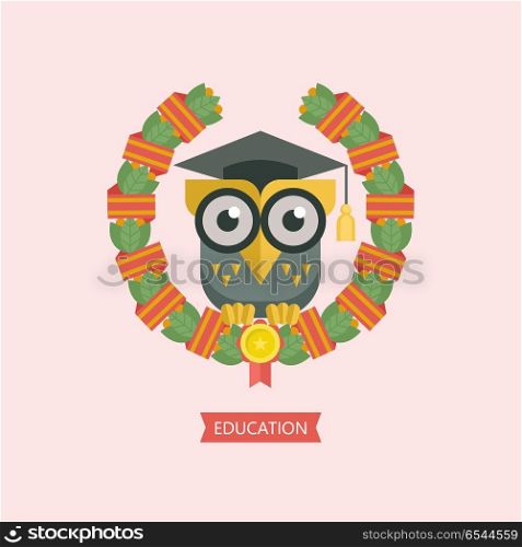 Welcome back to school. A wise owl in an academic cap. Vector em. Welcome back to school. A wise owl in an academic cap framed by a Laurel wreath with a red ribbon. Vector emblem, logo.