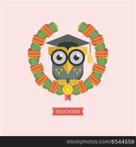 Welcome back to school. A wise owl in an academic cap. Vector em. Welcome back to school. A wise owl in an academic cap framed by a Laurel wreath with a red ribbon. Vector emblem, logo.