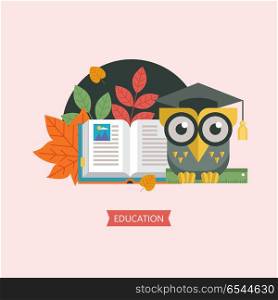 Welcome back to school. A wise owl in an academic cap. Vector em. Welcome back to school. A wise owl in an academic cap holds a ruler in its paws. Next to the open book and autumn leaves. Vector emblem, logo.