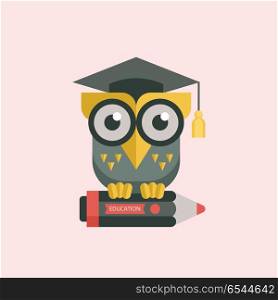 Welcome back to school. A wise owl in an academic cap. Vector em. Welcome back to school. A wise owl in an academic cap holds a pencil in its paws. Vector emblem, logo.