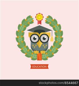 Welcome back to school. A wise owl in an academic cap. Vector em. A wise owl in an academic cap framed by a Laurel wreath. Vector emblem, logo.