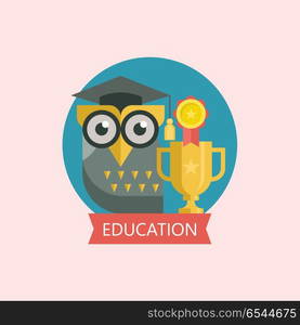 Welcome back to school. A wise owl in an academic cap. Vector em. Welcome back to school. A wise owl in an academic cap. Gold Cup winner. Vector emblem, logo.